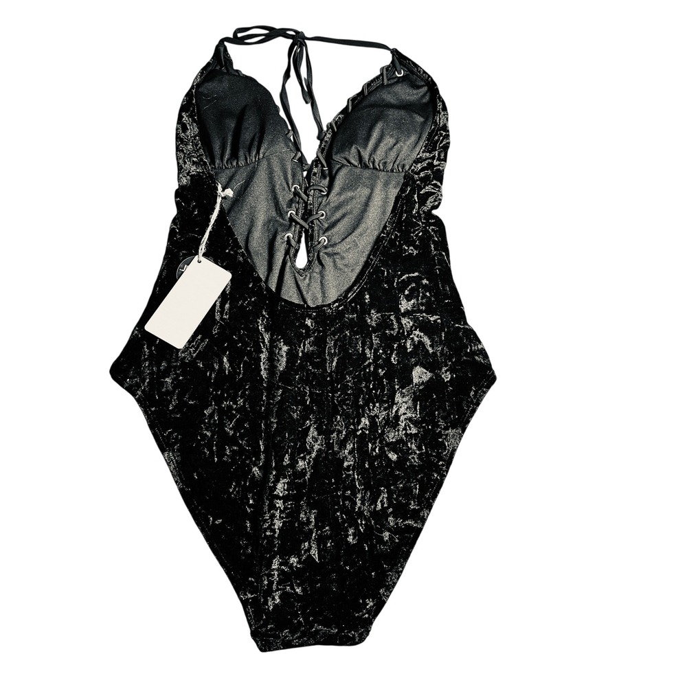 Cabana del Sol Black Crushed Velvet Lace Up One Piece Swimsuit XL NEW - Picture 3 of 7